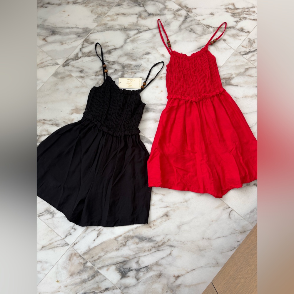 My Station Made in Italy Smocked Beaded Strap Romper Bundle | Black + Red